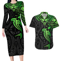 Polynesian Couples Matching Long Sleeve Bodycon Dress and Hawaiian Shirt Hammerhead Shark Tribal Pattern Black Green Version - Wonder Print Shop
