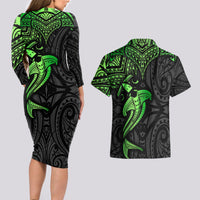 Polynesian Couples Matching Long Sleeve Bodycon Dress and Hawaiian Shirt Hammerhead Shark Tribal Pattern Black Green Version - Wonder Print Shop