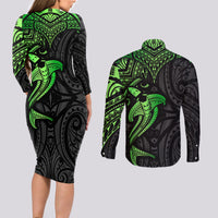Polynesian Couples Matching Long Sleeve Bodycon Dress and Long Sleeve Button Shirts Hammerhead Shark Tribal Pattern Black Green Version - Wonder Print Shop