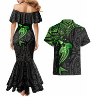 Polynesian Couples Matching Mermaid Dress and Hawaiian Shirt Hammerhead Shark Tribal Pattern Black Green Version - Wonder Print Shop