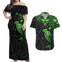 Polynesian Couples Matching Off Shoulder Maxi Dress and Hawaiian Shirt Hammerhead Shark Tribal Pattern Black Green Version - Wonder Print Shop