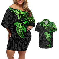 Polynesian Couples Matching Off Shoulder Short Dress and Hawaiian Shirt Hammerhead Shark Tribal Pattern Black Green Version - Wonder Print Shop