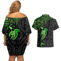 Polynesian Couples Matching Off Shoulder Short Dress and Hawaiian Shirt Hammerhead Shark Tribal Pattern Black Green Version - Wonder Print Shop