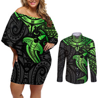 Polynesian Couples Matching Off Shoulder Short Dress and Long Sleeve Button Shirts Hammerhead Shark Tribal Pattern Black Green Version - Wonder Print Shop