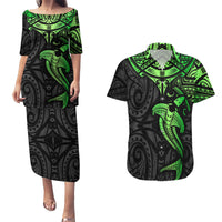 Polynesian Couples Matching Puletasi Dress and Hawaiian Shirt Hammerhead Shark Tribal Pattern Black Green Version - Wonder Print Shop