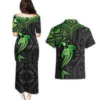 Polynesian Couples Matching Puletasi Dress and Hawaiian Shirt Hammerhead Shark Tribal Pattern Black Green Version - Wonder Print Shop