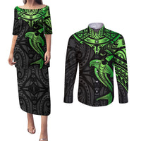 Polynesian Couples Matching Puletasi Dress and Long Sleeve Button Shirts Hammerhead Shark Tribal Pattern Black Green Version - Wonder Print Shop
