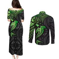 Polynesian Couples Matching Puletasi Dress and Long Sleeve Button Shirts Hammerhead Shark Tribal Pattern Black Green Version - Wonder Print Shop