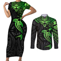 Polynesian Couples Matching Short Sleeve Bodycon Dress and Long Sleeve Button Shirts Hammerhead Shark Tribal Pattern Black Green Version - Wonder Print Shop