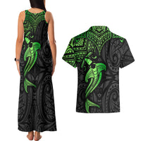 Polynesian Couples Matching Tank Maxi Dress and Hawaiian Shirt Hammerhead Shark Tribal Pattern Black Green Version - Wonder Print Shop