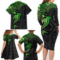 Polynesian Family Matching Long Sleeve Bodycon Dress and Hawaiian Shirt Hammerhead Shark Tribal Pattern Black Green Version - Wonder Print Shop