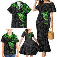 Polynesian Family Matching Mermaid Dress and Hawaiian Shirt Hammerhead Shark Tribal Pattern Black Green Version - Wonder Print Shop