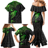 Polynesian Family Matching Mermaid Dress and Hawaiian Shirt Hammerhead Shark Tribal Pattern Black Green Version - Wonder Print Shop