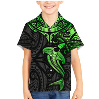 Polynesian Family Matching Mermaid Dress and Hawaiian Shirt Hammerhead Shark Tribal Pattern Black Green Version - Wonder Print Shop