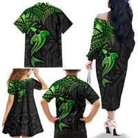 Polynesian Family Matching Off Shoulder Long Sleeve Dress and Hawaiian Shirt Hammerhead Shark Tribal Pattern Black Green Version - Wonder Print Shop