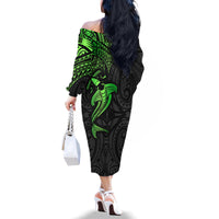 Polynesian Family Matching Off Shoulder Long Sleeve Dress and Hawaiian Shirt Hammerhead Shark Tribal Pattern Black Green Version - Wonder Print Shop