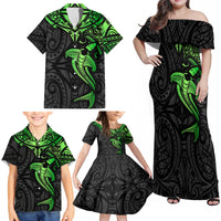 Polynesian Family Matching Off Shoulder Maxi Dress and Hawaiian Shirt Hammerhead Shark Tribal Pattern Black Green Version - Wonder Print Shop