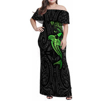 Polynesian Family Matching Off Shoulder Maxi Dress and Hawaiian Shirt Hammerhead Shark Tribal Pattern Black Green Version - Wonder Print Shop