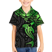 Polynesian Family Matching Short Sleeve Bodycon Dress and Hawaiian Shirt Hammerhead Shark Tribal Pattern Black Green Version - Wonder Print Shop