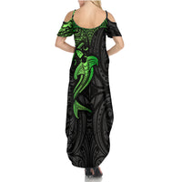 Polynesian Family Matching Summer Maxi Dress and Hawaiian Shirt Hammerhead Shark Tribal Pattern Black Green Version - Wonder Print Shop
