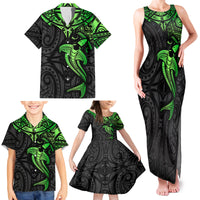 Polynesian Family Matching Tank Maxi Dress and Hawaiian Shirt Hammerhead Shark Tribal Pattern Black Green Version - Wonder Print Shop