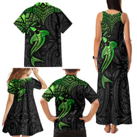 Polynesian Family Matching Tank Maxi Dress and Hawaiian Shirt Hammerhead Shark Tribal Pattern Black Green Version - Wonder Print Shop
