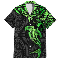 Black and green short-sleeve button-up Hawaiian shirt with hammerhead shark tribal print