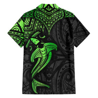 Black and green short-sleeve button-up Hawaiian shirt with hammerhead shark tribal back print