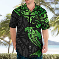 Men’s black and green Hawaiian shirt with hammerhead shark tribal pattern and button front