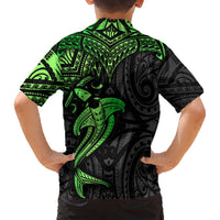 Kids black and green Hawaiian shirt back with hammerhead shark tribal pattern