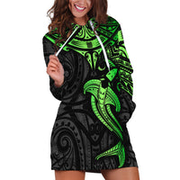 Polynesian Hoodie Dress Hammerhead Shark Tribal Pattern Black Green Version - Wonder Print Shop