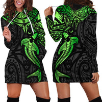 Polynesian Hoodie Dress Hammerhead Shark Tribal Pattern Black Green Version - Wonder Print Shop