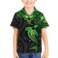 Polynesian Kid Hawaiian Shirt Hammerhead Shark Tribal Pattern Black Green Version - Wonder Print Shop