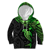 Polynesian Kid Hoodie Hammerhead Shark Tribal Pattern Black Green Version - Wonder Print Shop