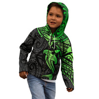 Polynesian Kid Hoodie Hammerhead Shark Tribal Pattern Black Green Version - Wonder Print Shop