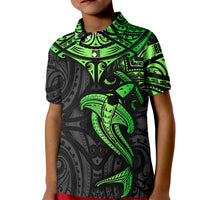 Polynesian Kid Polo Shirt Hammerhead Shark Tribal Pattern Black Green Version - Wonder Print Shop