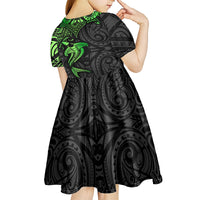 Polynesian Kid Short Sleeve Dress Hammerhead Shark Tribal Pattern Black Green Version - Wonder Print Shop