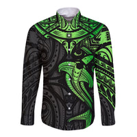 Polynesian Long Sleeve Button Shirt Hammerhead Shark Tribal Pattern Black Green Version - Wonder Print Shop