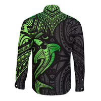 Polynesian Long Sleeve Button Shirt Hammerhead Shark Tribal Pattern Black Green Version - Wonder Print Shop