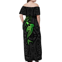 Polynesian Off Shoulder Maxi Dress Hammerhead Shark Tribal Pattern Black Green Version - Wonder Print Shop