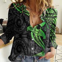 Polynesian Women Casual Shirt Hammerhead Shark Tribal Pattern Black Green Version - Wonder Print Shop
