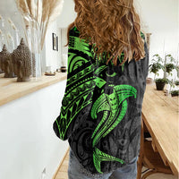 Polynesian Women Casual Shirt Hammerhead Shark Tribal Pattern Black Green Version - Wonder Print Shop