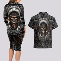 Skull Native American Warrior Couples Matching Long Sleeve Bodycon Dress and Hawaiian Shirt - Wonder Print Shop