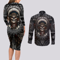 Skull Native American Warrior Couples Matching Long Sleeve Bodycon Dress and Long Sleeve Button Shirts - Wonder Print Shop