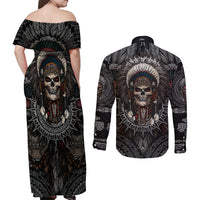 Skull Native American Warrior Couples Matching Off Shoulder Maxi Dress and Long Sleeve Button Shirts - Wonder Print Shop