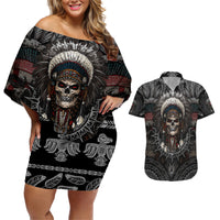 Skull Native American Warrior Couples Matching Off Shoulder Short Dress and Hawaiian Shirt - Wonder Print Shop