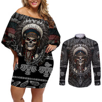 Skull Native American Warrior Couples Matching Off Shoulder Short Dress and Long Sleeve Button Shirts - Wonder Print Shop