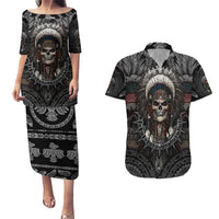 Skull Native American Warrior Couples Matching Puletasi Dress and Hawaiian Shirt - Wonder Print Shop