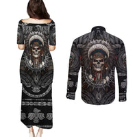 Skull Native American Warrior Couples Matching Puletasi Dress and Long Sleeve Button Shirts - Wonder Print Shop