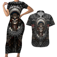 Skull Native American Warrior Couples Matching Short Sleeve Bodycon Dress and Hawaiian Shirt - Wonder Print Shop